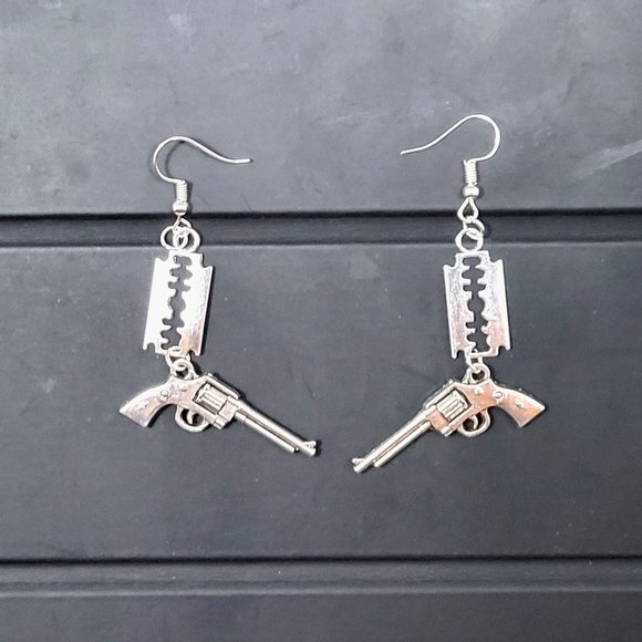 Punk Earrings - Gun & Razor Blade Charms NWOT - Picture 7 of 8